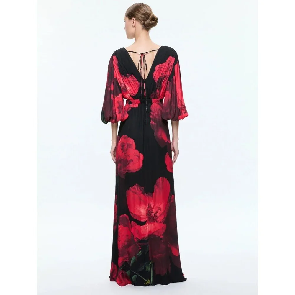 Alice + Olivia Clarissa Maxi Dress 2 in Peony Petals Bright Ruby NWT $695 - Picture 4 of 16